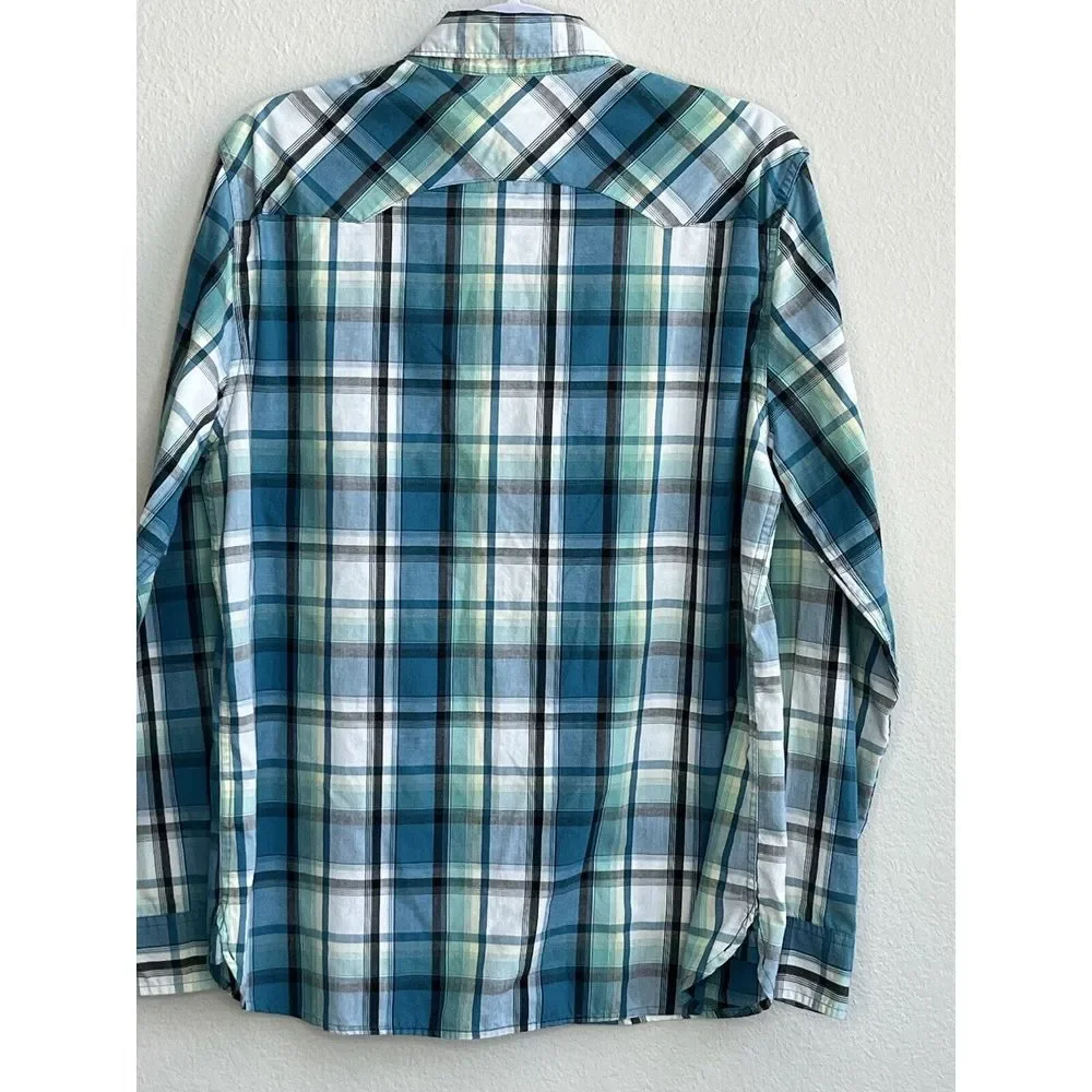 Levis Western Blue Green Plaid Pearl Snap Button Front Shirt Mens‎ M